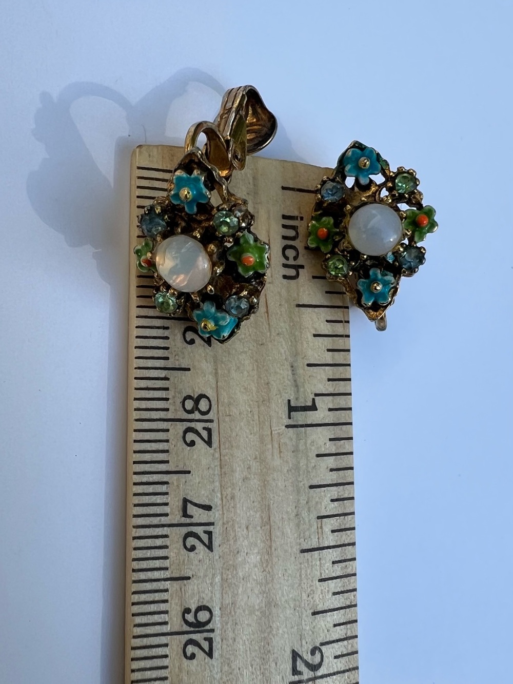 Gold-Tone Floral Clip-On Earrings with Opal-Effect Centers in Green & Blue - Picture 3 of 3